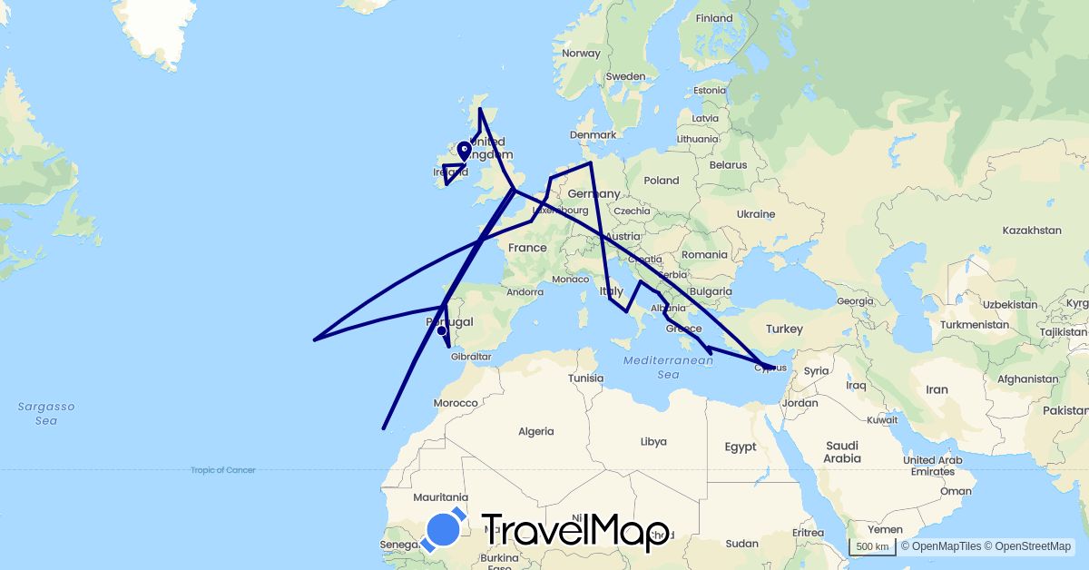 TravelMap itinerary: driving in Albania, Belgium, Cyprus, Germany, Spain, France, United Kingdom, Greece, Croatia, Ireland, Italy, Montenegro, Netherlands, Portugal (Asia, Europe)